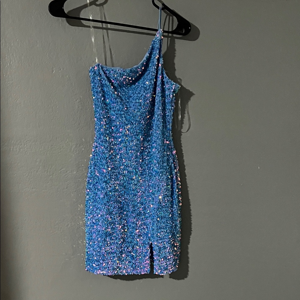 One-Shoulder Sequined Blue Mini Dress